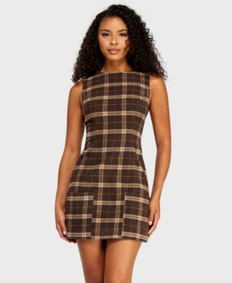 Juniors' Plaid Crewneck Tie-Back Mini Dress