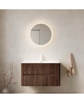 36" Modern Scandinavian Floating Bathroom Vanity, 2-Drawer Plywood Cabinet With Ceramic Sink, Pre-Assembled Retro Woodgrain