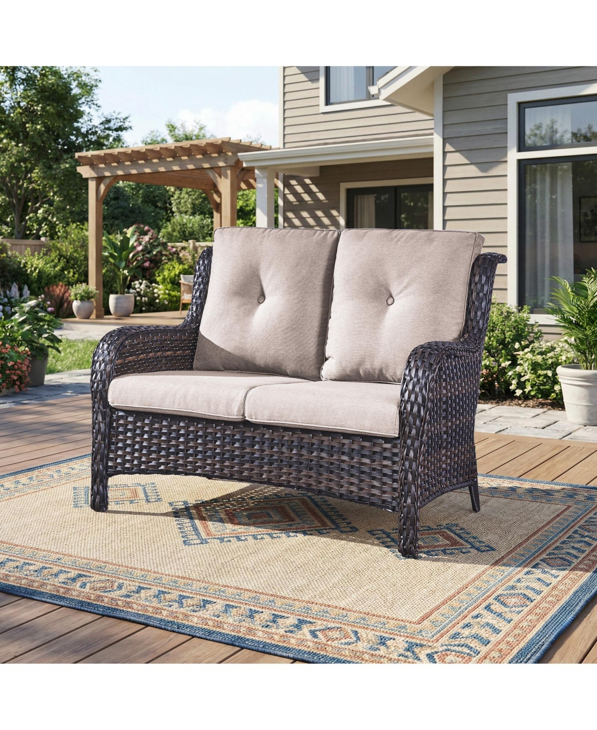 Pocassy Outdoor Wicker 2 Seater Sofa, All-Weather Patio Rattan Loveseat with Seat and Back Cushion, Ideal for Porch, Backyard, Balcony