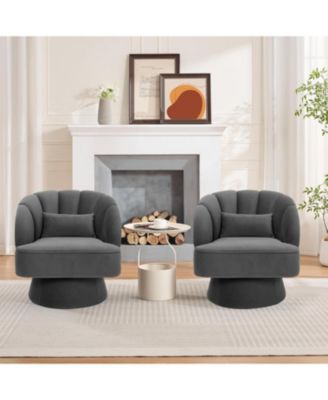 Modern 360 Swivel Barrel Chair 2-Piece, Velvet Upholstered Round Lounge Armchair with Striped Backrest, Comfy Accent Chair
