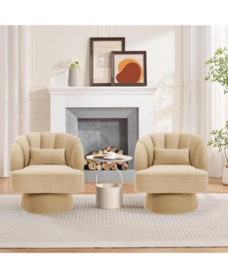 Modern 360 Swivel Barrel Chair 2-Piece, Velvet Upholstered Round Lounge Armchair with Striped Backrest, Comfy Accent Chair
