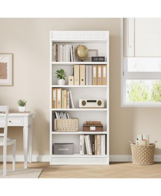 71-Inch 5-Tier Farmhouse Bookcase with Double Fluted Detailing, Wooden Base Structure for Office, Library and Living Room Storage