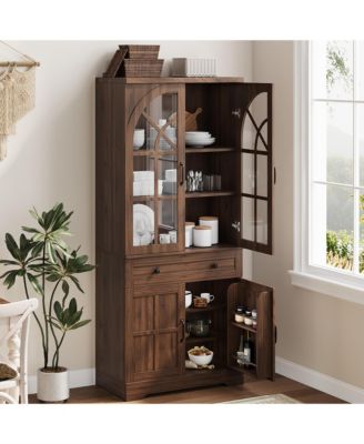 Farmhouse Pantry Cabinet, 71.9" Tall Freestanding Kitchen Storage Cabinet with Tempered Glass Doors and Anti-Tip Design