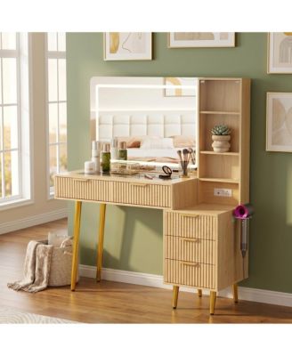 Modern Fluted Vanity Desk 36" LED Mirror, Glass Top, 5 Drawers, 3-Tier Open Shelves, Built-in Charging Station, Dressing Table for Bedroom