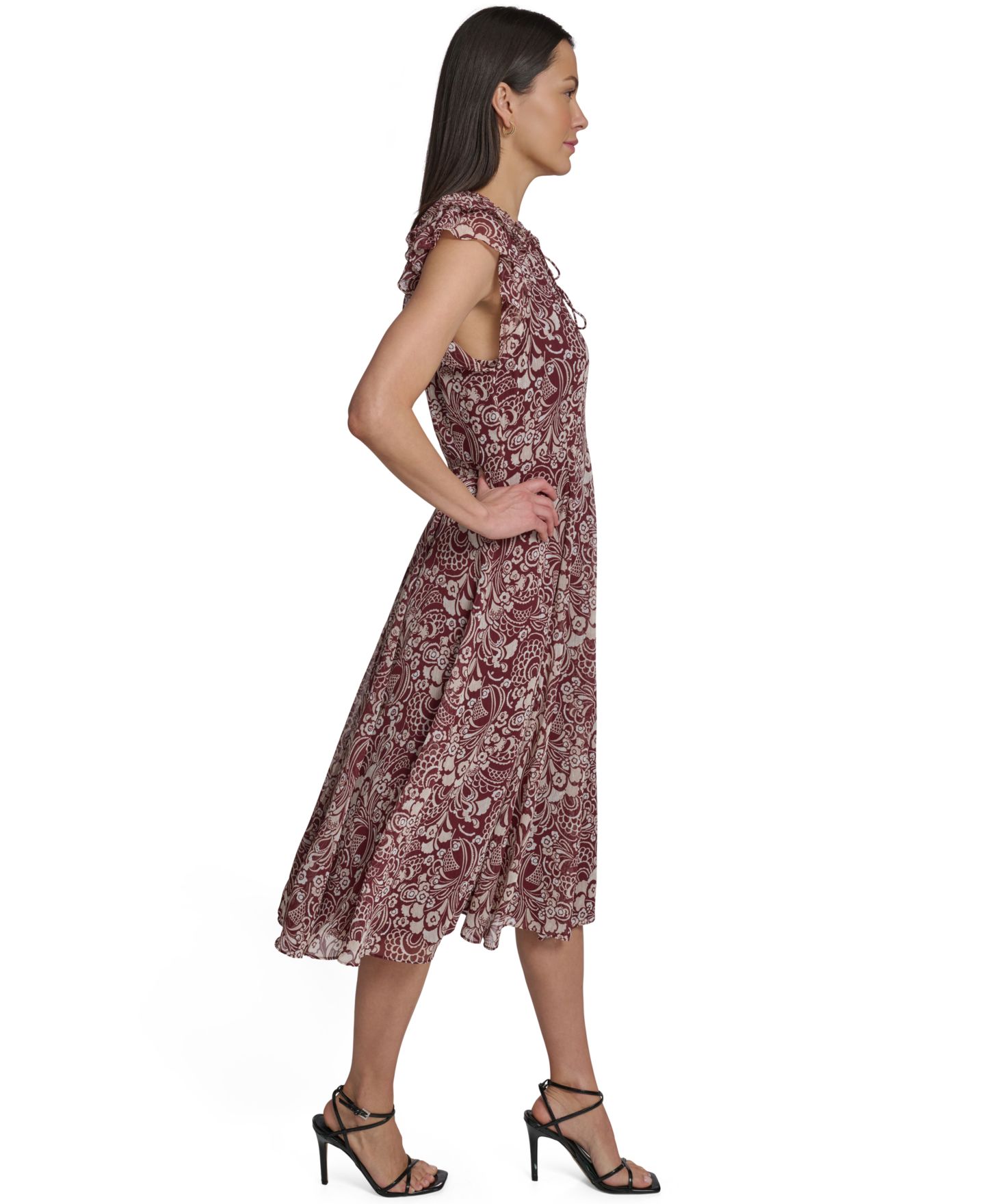 Женское платье Tommy Hilfiger Flutter-Sleeve Tie Neck Chiffon Midi, цвет: Тёмно-бордовый разноцветный — фото 2