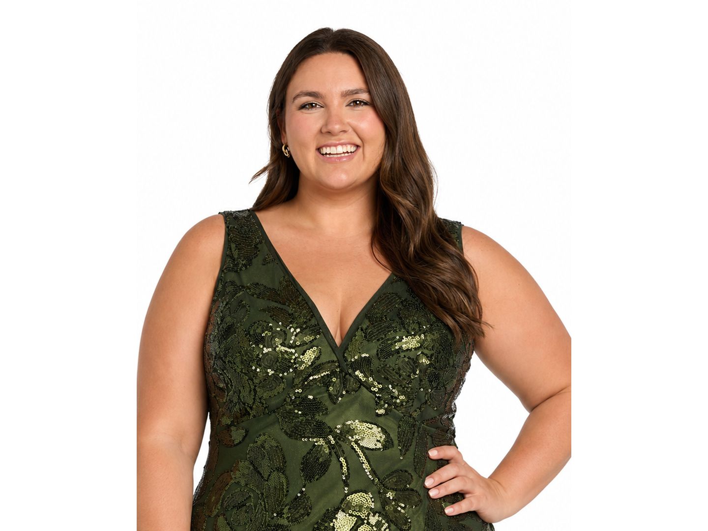 Женские платья R & M Richards Plus Size V-Neck Sequined Gown, цвет: Оливковый — фото 2