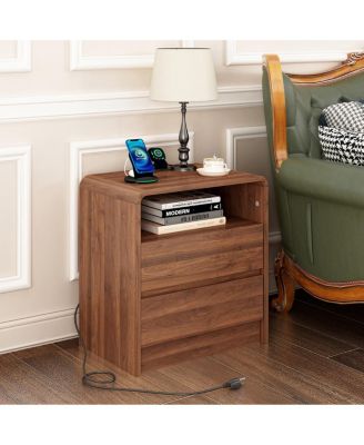 25'' Modern Nightstand with Charging Station and 2 Drawers