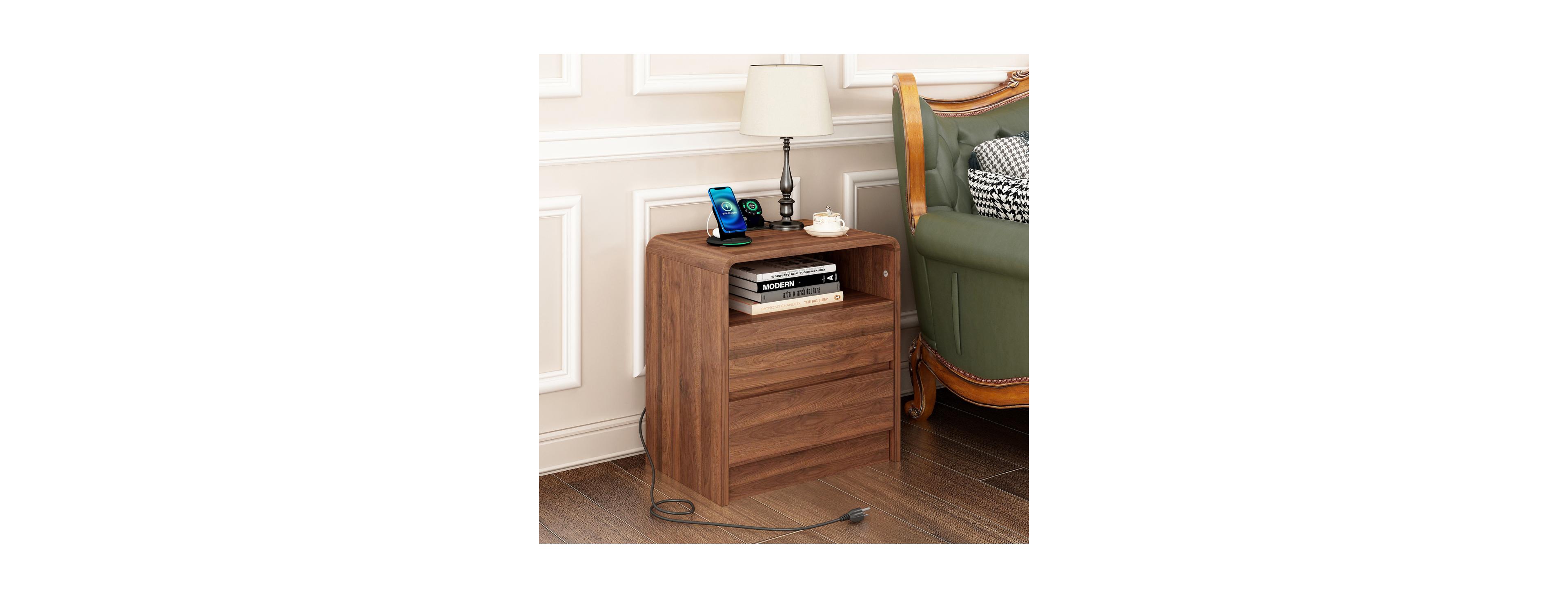 Streamdale Furniture 25'' Modern Nightstand with Charging Station and 2 Drawers