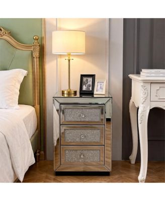 3-Drawer Mirrored Nightstand Bedside Table Glass Accent End Table Silver