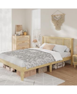 Bed Frame with Natural Rattan Headboard, 4 Drawers, Sturdy Metal Base, Boho-Style Cane Support, No Box Spring Required, Wood Metal Platform
