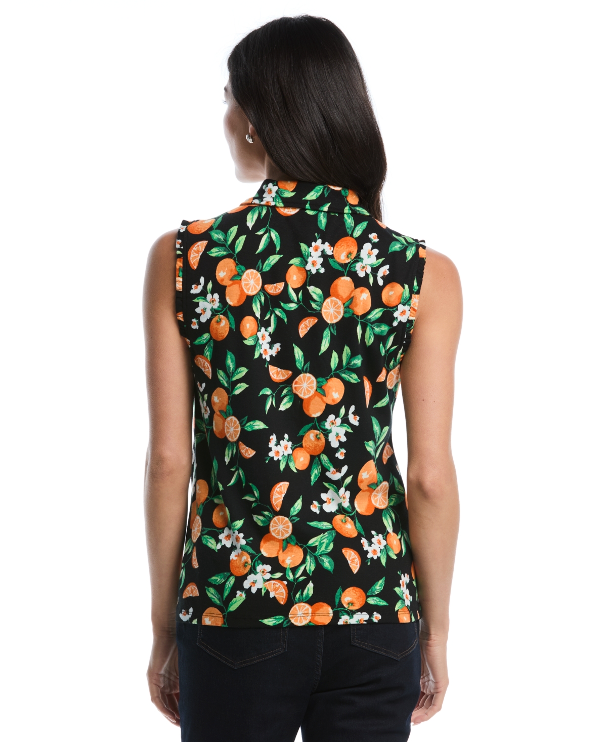 Rafaella Petite Orange Print Ruffle-Trim Sleeveless Polo Shirt