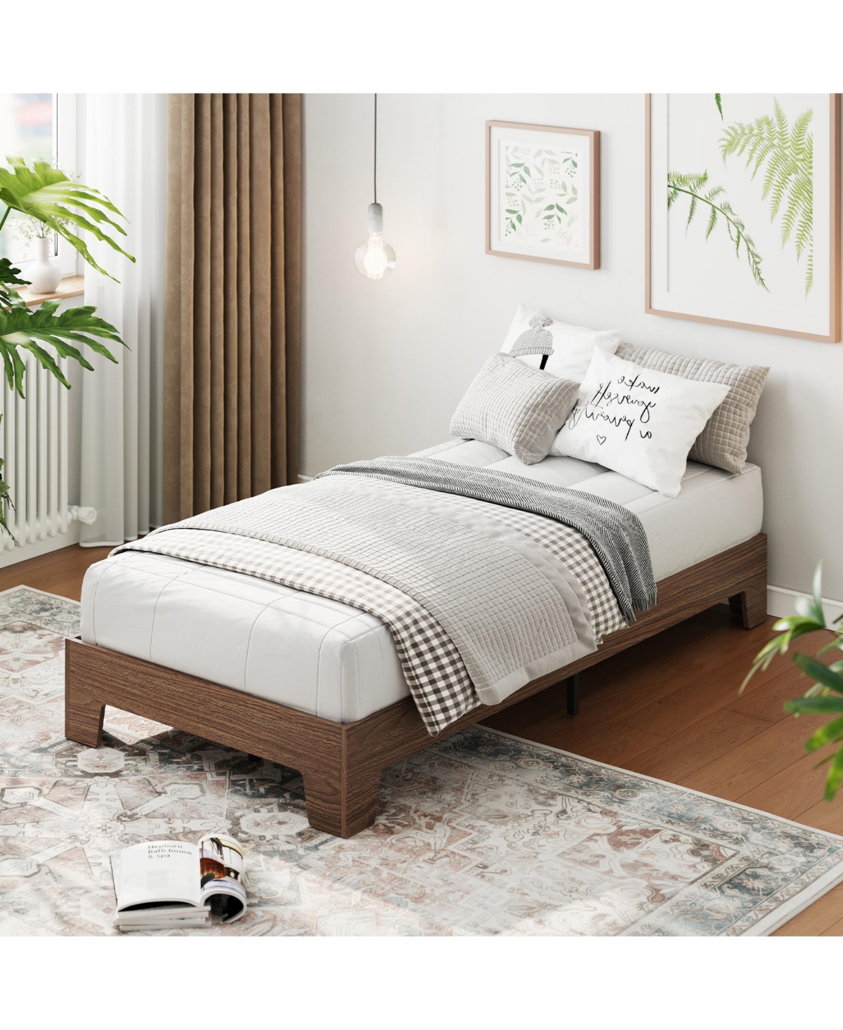 homfan Platform Bed Frame with Wood-Grain Finish, Wooden Slat Support, Low Profile Design, No Box Spring Needed