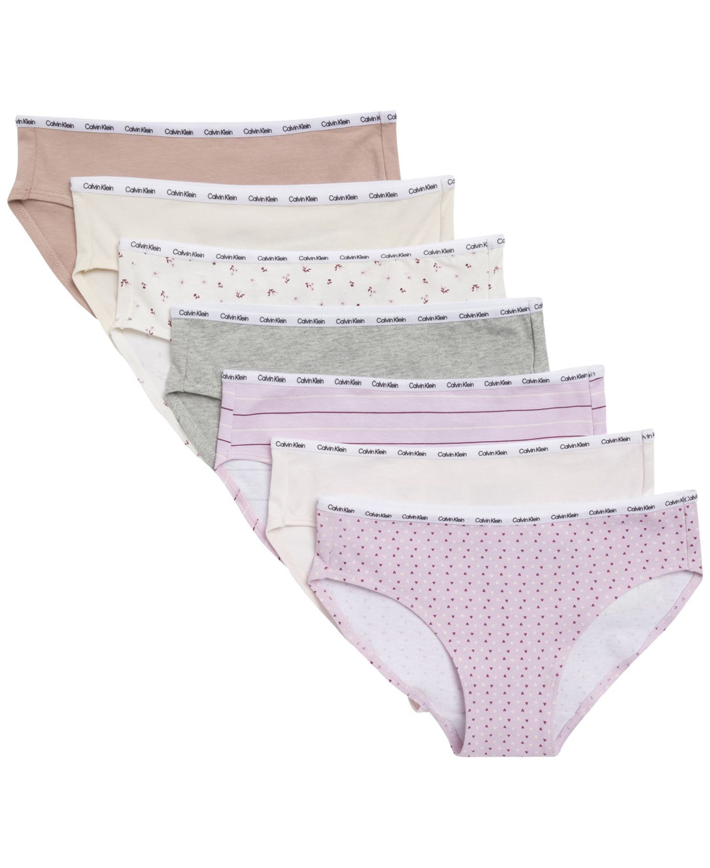 Детские купальники Calvin Klein Girls' 6-16 Floral Heart Stripe Cotton-Stretch Bikinis, 6+1 Bonus Pack, цвет: Розовый с принтом — фото 6