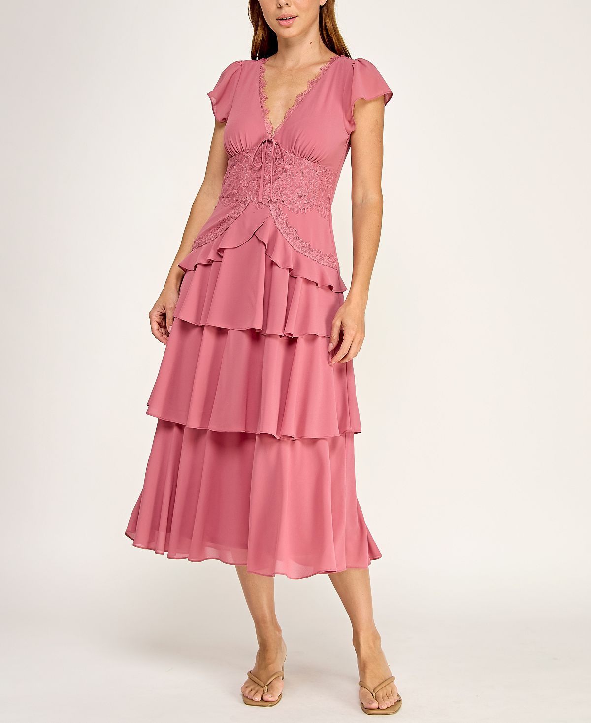 ROW A Juniors' Lace Trim Tiered Midi Dress view 4 — MAYCSS fashion products
