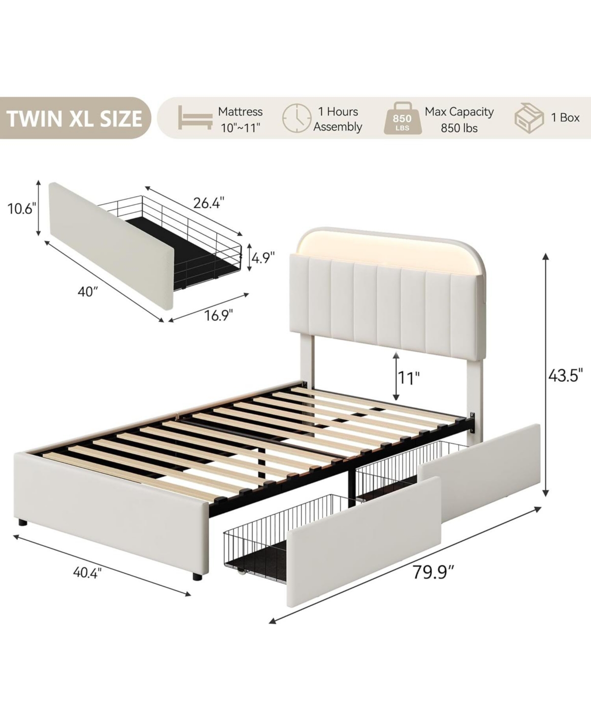 gaomon Bed Frame with 2 Flexible Drawers, Upholstered Platform Bookcase Headboard and Led Lights