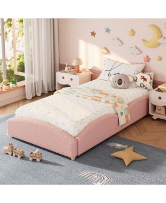 Upholstered Floor Bed for Kids, Teddy Fabric Soft Upholstered Bed Frame with Cloud Shaped Guardrails, Low Profile Platform Bed