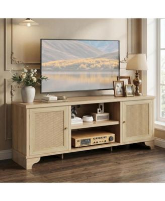 Rattan TV Stand for TVs Up to 65 Inches, Boho Entertainment Center Cabinet with Open Shelf, Media Console Table for Living Room