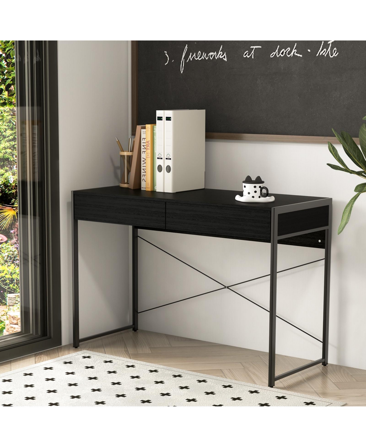 Gouun 2-Drawer Steel-Frame Writing Desk with Anti-Topple Hardware, Depth