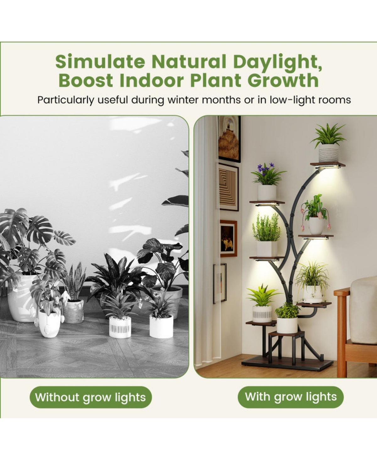 Sugift Set of 2 Indoor 8-Tier Corner Plant Stand with 4-Head Grow Lights Tall Metal Shelf
