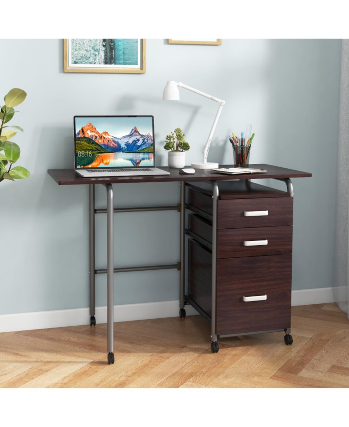 Gouun Folding Computer Desk 3 Drawers Wheels Home Office Laptop Table