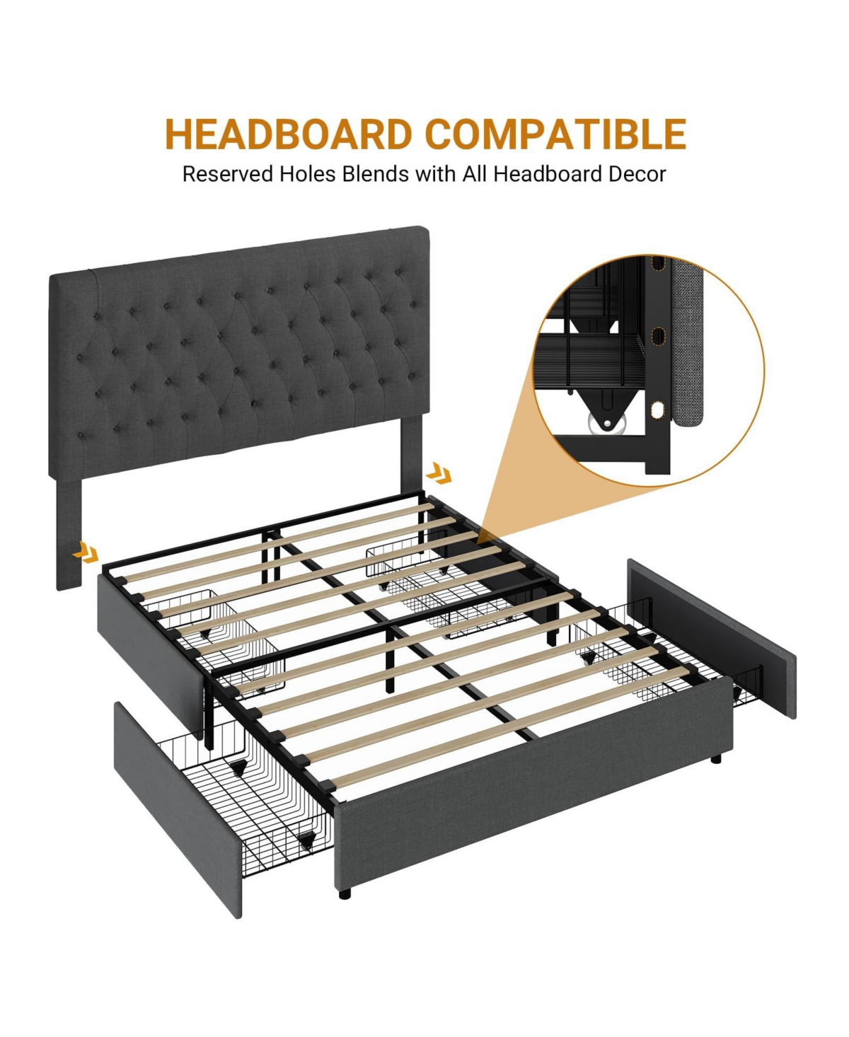 gaomon Bed Frame with 4 Storage Drawers, King Platform Bed with Linen Fabric Upholstered and Wooden Slats Support, No Box Spring Needed
