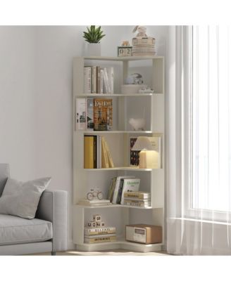 5 Tier L-Shaped Corner Bookshelf, Wooden Open Display Shelves and Storage Rack with Anti-Drop Panels for Living Room or Home Office