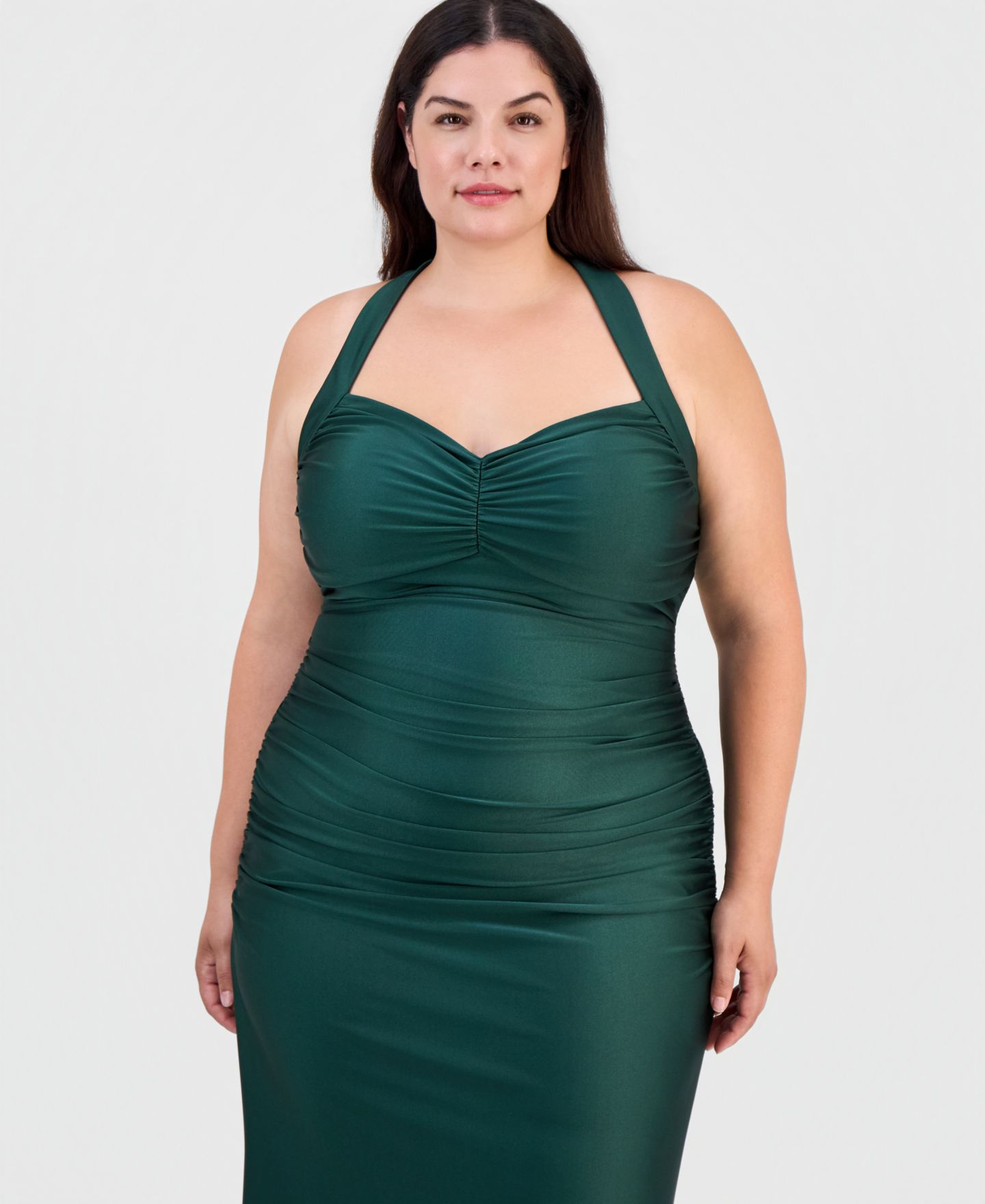 Женские платья B Darlin Trendy Plus Size Shiny Knit Ruched Back-Tie Gown, цвет: Тёмно-зелёный — фото 3