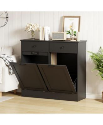 20 Gallon Double Tilt Out Trash Can Cabinet, Wooden Storage Garbage Can Cabinets, Hidden Laundry Hamper Cabinet with Drawer