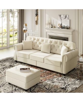 82.6'' Velvet Sofa and Ottoman, Chesterfield Nailhead, 3 Pillows
