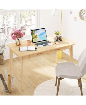 Writing Desk with 2 Slim Drawers - Large Office Desk with Rubber Wood Legs  Modern MDF Study Table Easy Assembly