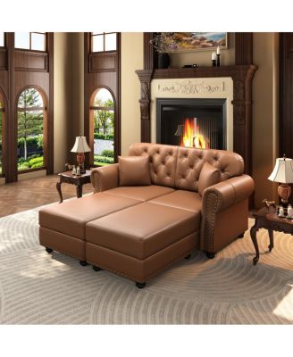 63'' Faux Leather Loveseat Set with 2 Ottomans, Nailhead Tufted