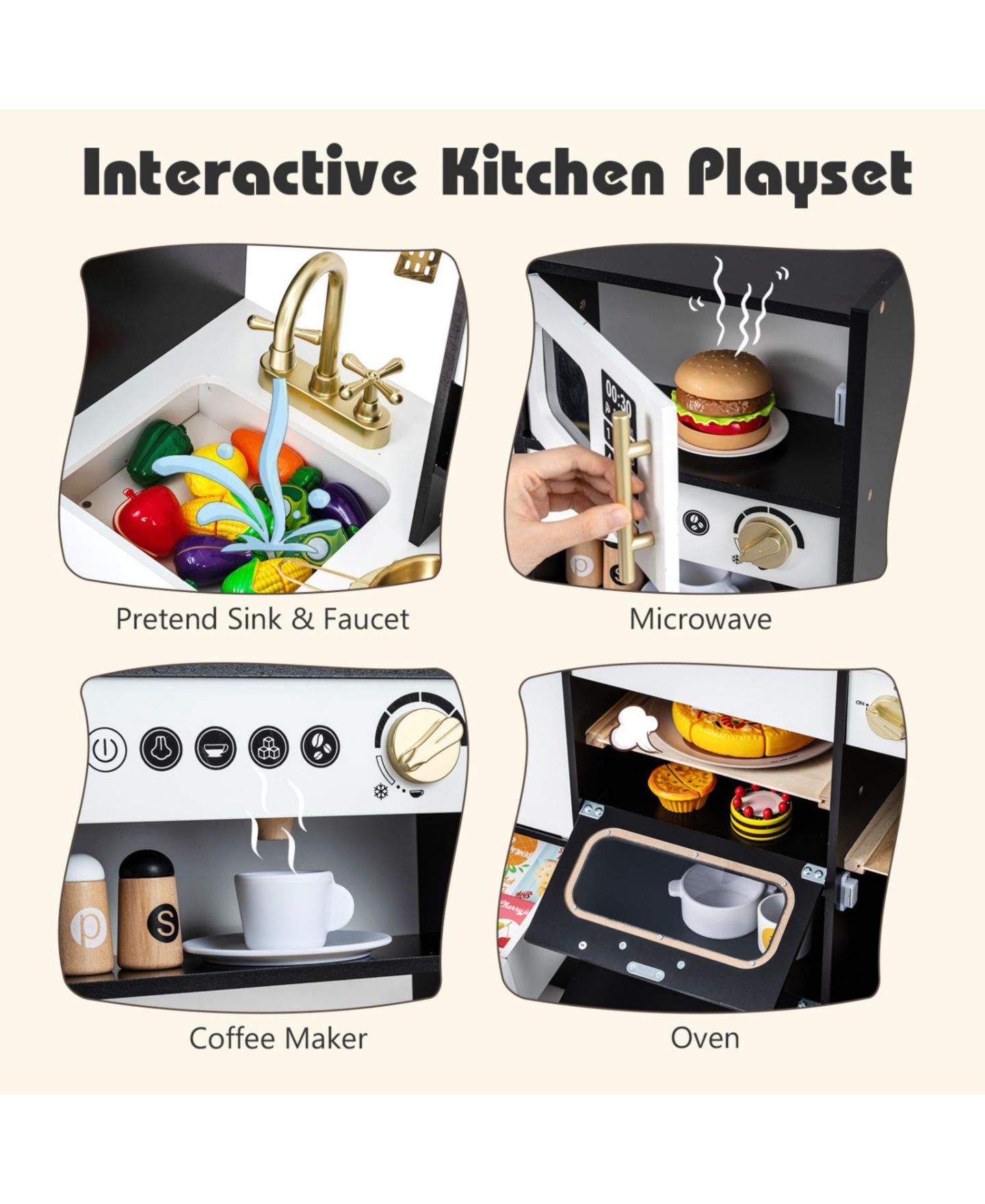 Детские игрушки Slickblue Wooden Lights and Sound Effects 12-Piece Play Kitchen, Ages 3+, цвет: Чёрный — фото 6