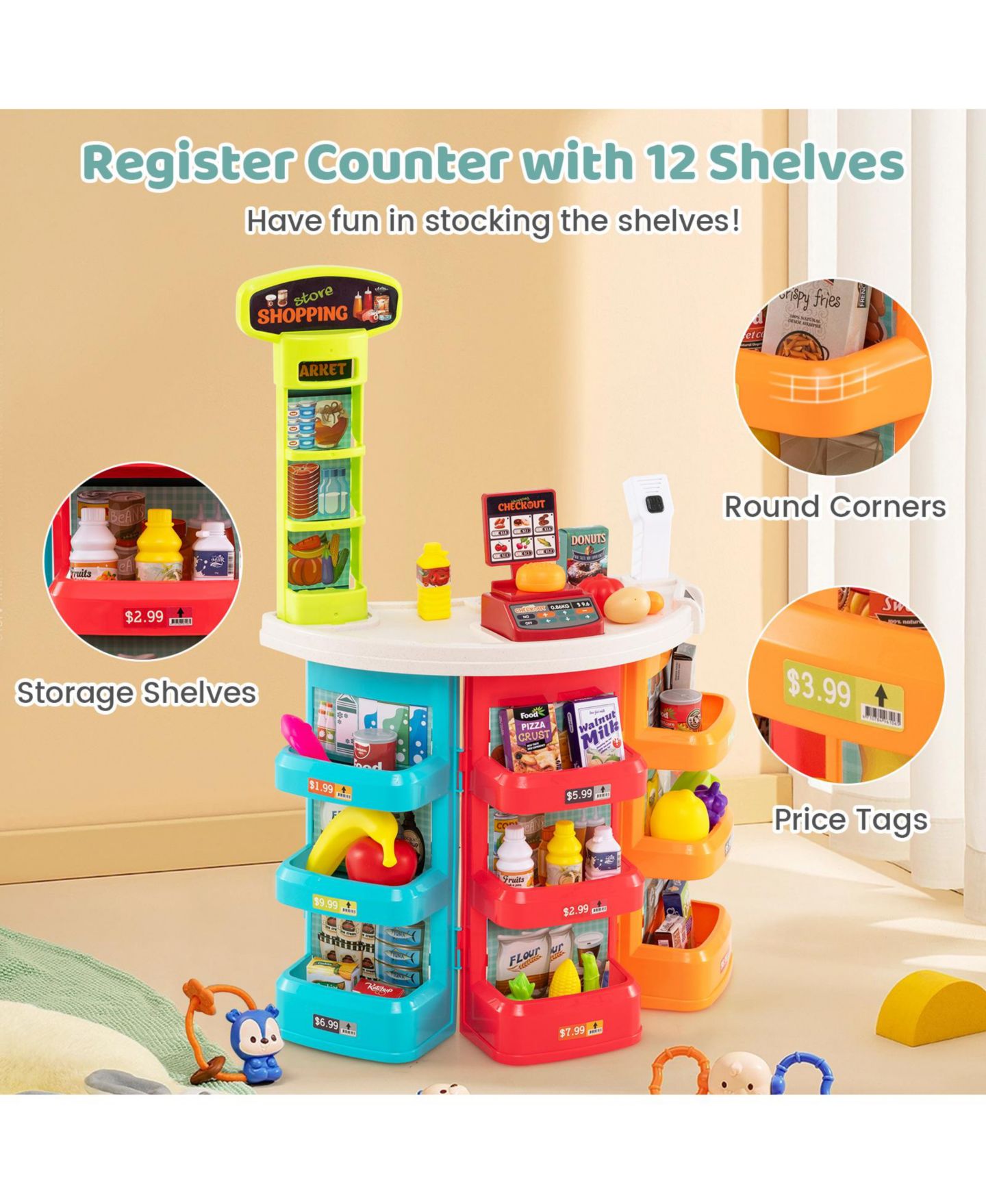 Детский игровой набор Slickblue Grocery Store Playset with Shopping Cart, 76-Piece, Ages 3+, цвет: Синий — фото 7