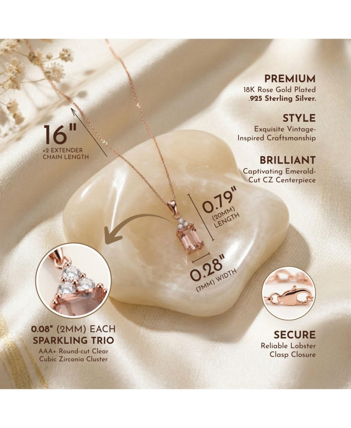 18k Rose Gold Plated with Pink & Cubic ZIrconia Cluster Vintage Pendant Necklace in Sterling Silver