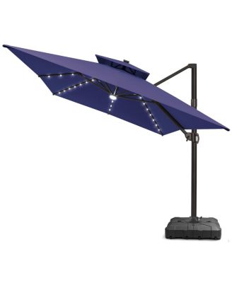 Outdoor Patio 10X13Feet Aluminum Double Canopy Solar Lights Cantilever Umbrella with Wheel Base