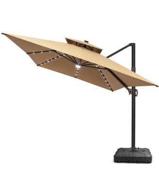 Outdoor Patio 10X13Feet Aluminum Double Canopy Solar Lights Cantilever Umbrella with Wheel Base