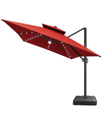 Outdoor Patio 10X13Feet Aluminum Double Canopy Solar Lights Cantilever Umbrella with Wheel Base