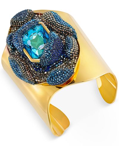 Swarovski Gold-Tone Large Blue Crystal and Pavé Open Cuff Bracelet