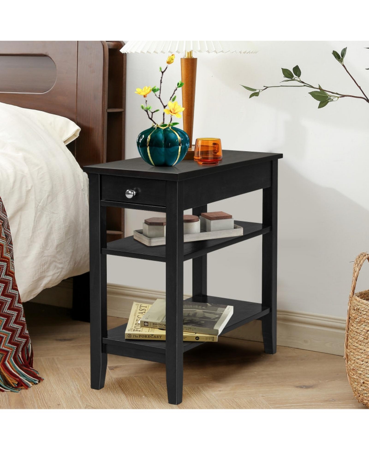Gouun Side End Table with Drawer and 2-Tier Open Storage Shelves