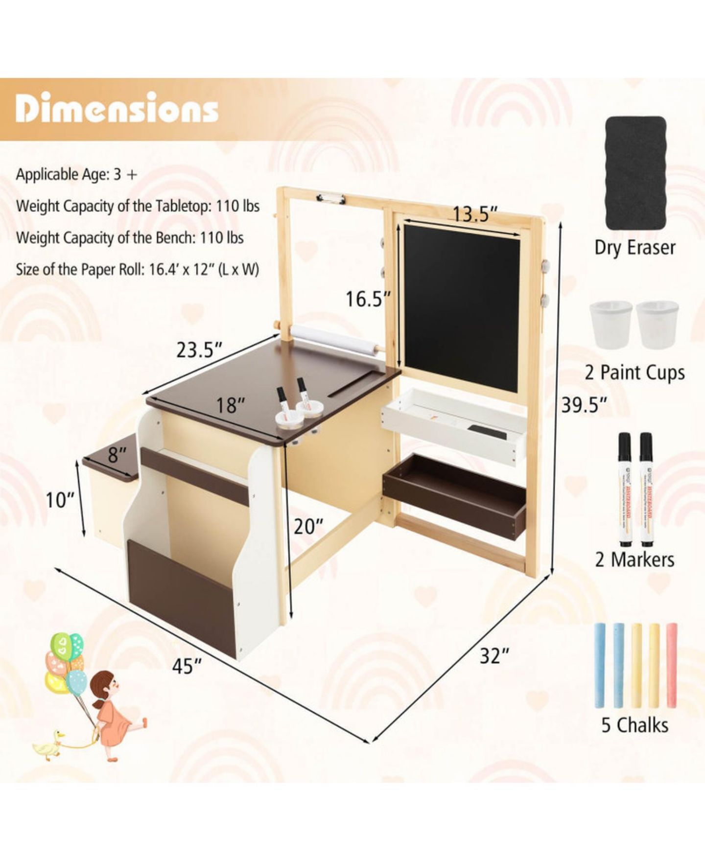 Детская игрушка GOUUN Double-Sided Adjustable Art Center with Easel and Storage Bench, Ages 3+, цвет: Коричневый — фото 5