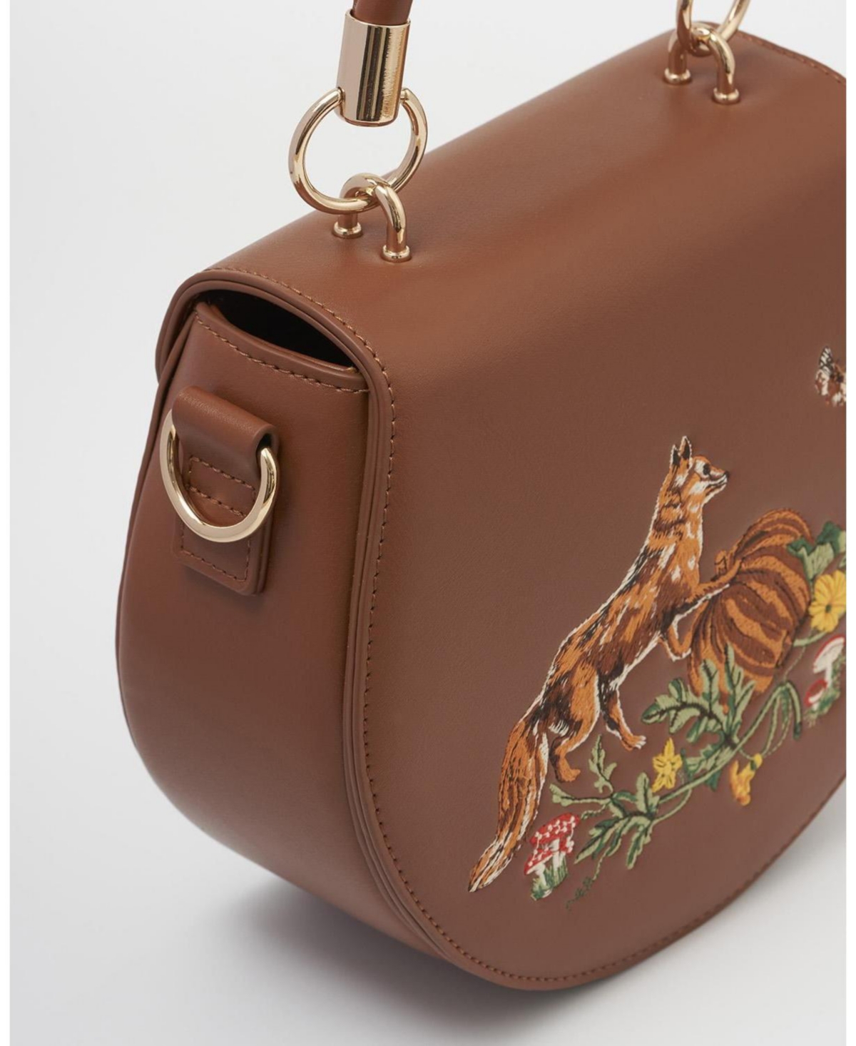 Fable England Women's Fox and Pumpkin Embroidered Tan Saddle Bag