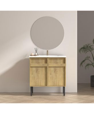 30 Inch Freestanding Bathroom Vanity with Ceramic Sink, 3D Texture Panels, Modern MDF Cabinet for Small Spaces