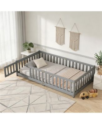 Twin Floor Bed with Fence and Door, Solid Rubber Wood Kids Platform Bed Frame