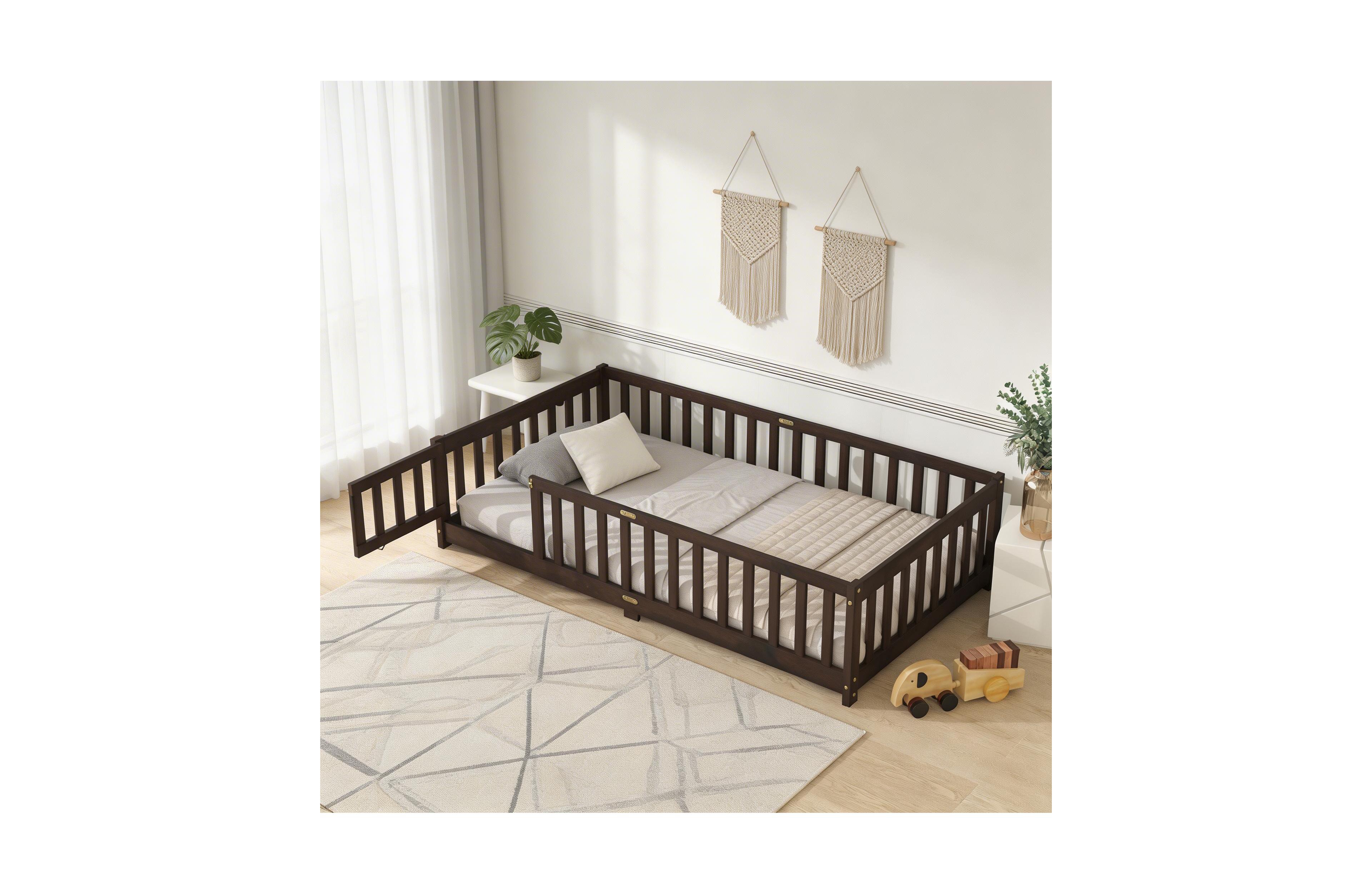Sailvan Twin Floor Bed with Fence and Door, Solid Rubber Wood Kids Platform Frame