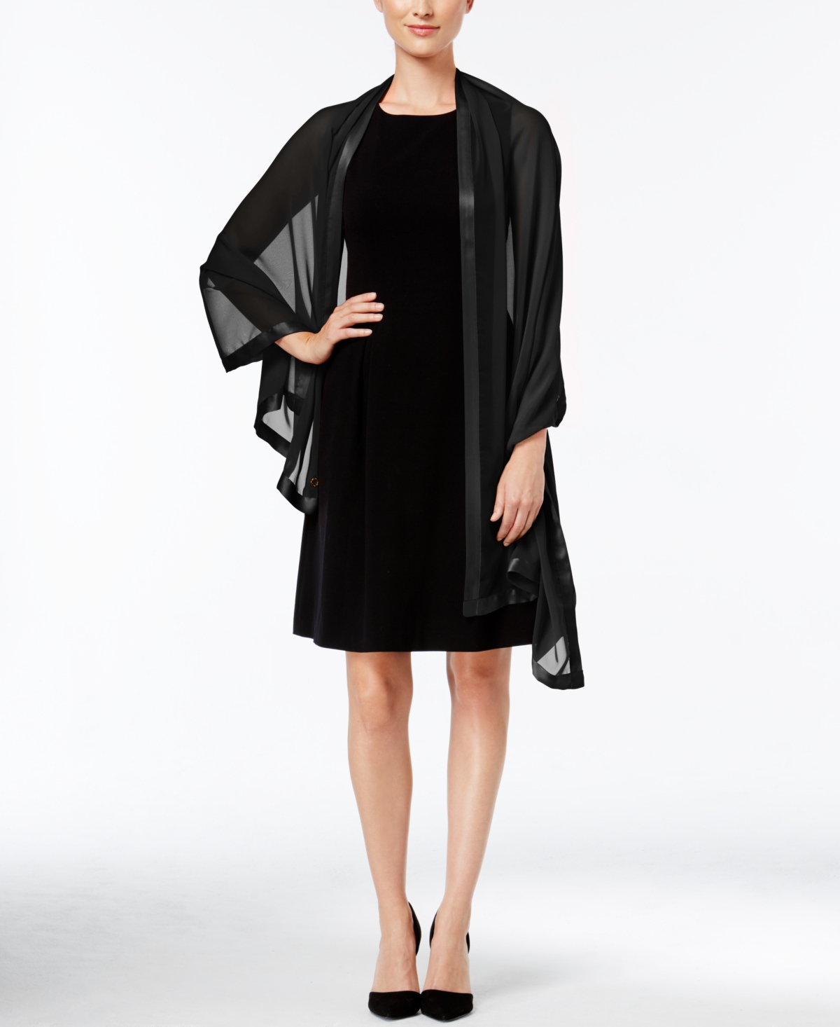 Calvin Klein Elegant Satin-trim Chiffon Evening Wrap In Black
