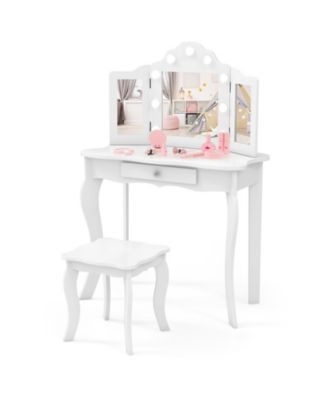Kids Vanity Table Set with Stool Tri Folding Mirror and 3 Color LED Lights