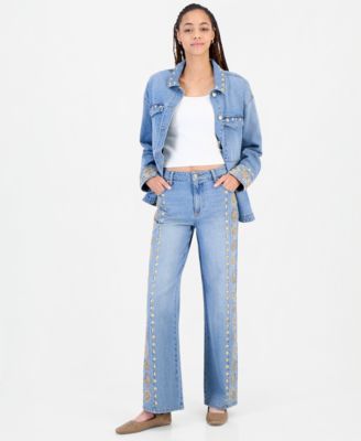 Women's High-Rise Embroidered and Studded Wide-Leg Jeans