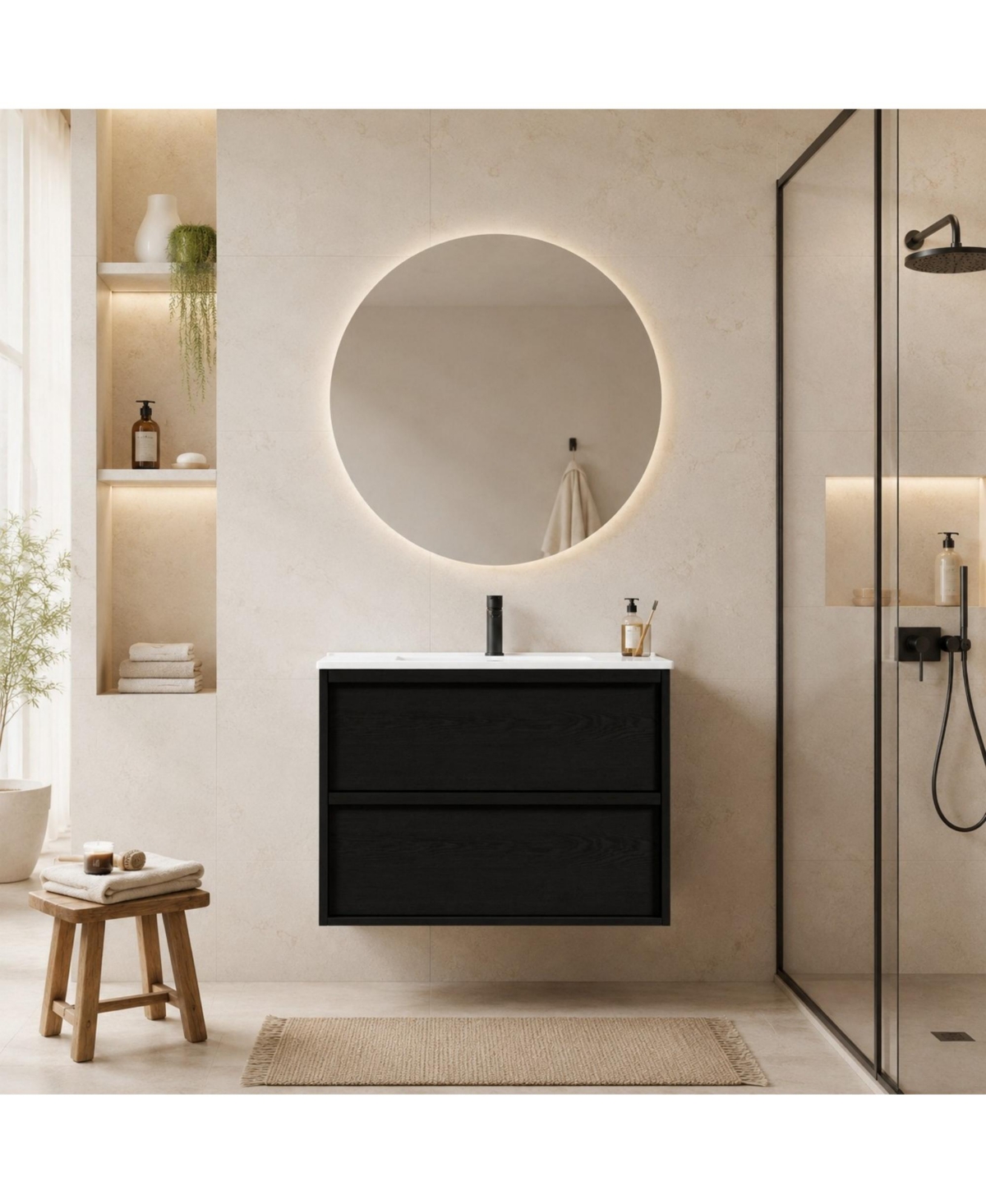 Phying 30 Inch Bathroom Vanity Cabinet With Ceramic Sink Modern Wall Mounted Floating Fluted Vanity With Drawers