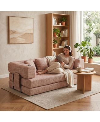 5-in-1 Convertible Sofa Bed, Corduroy Floor Sofa with 4 Pillows, 2 Cup Holders and Deep Seat Cushion for Small Spaces