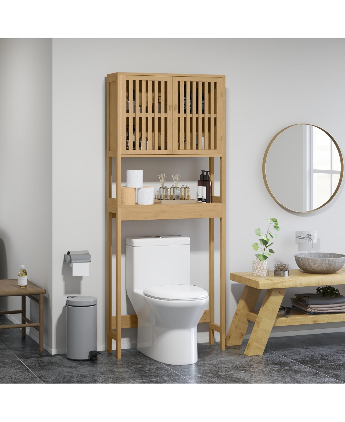 Midola Over the Toilet Cabinet, Bamboo Bathroom Above Toilet Storage with Slatted Doors and Adjustable Shelf for Bathroom
